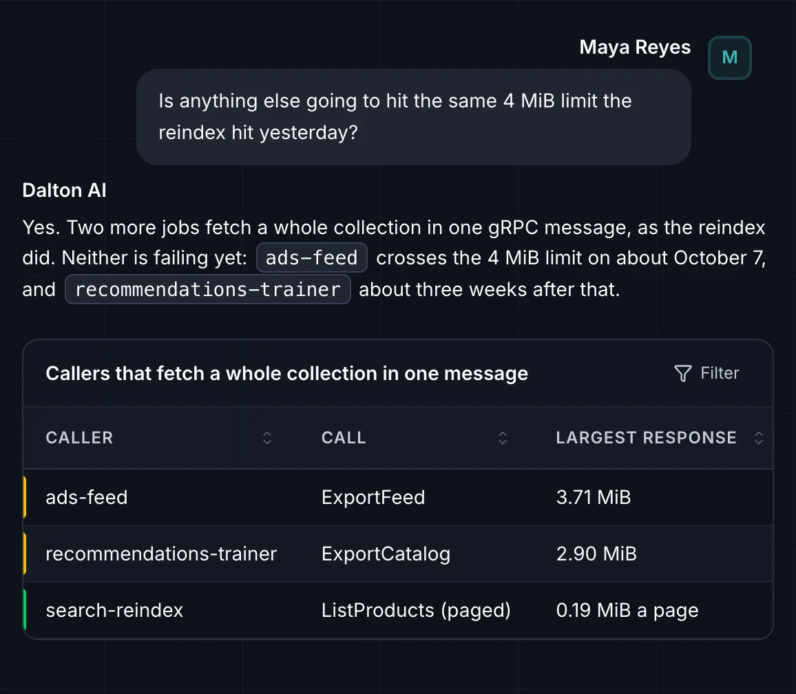 Someone on the team asks Dalton whether anything else will hit the 4 MiB limit. It answers yes: ads-feed on about October 7, and recommendations-trainer about three weeks later, with a table of every caller it found.