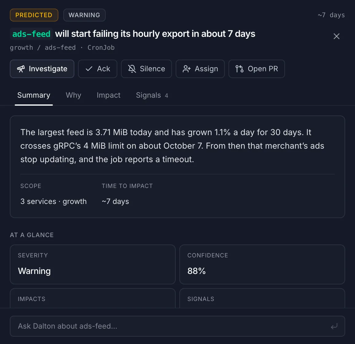 Dalton's prediction for ads-feed: it will start failing its hourly export in about 7 days. Its largest feed is 3.71 MiB and grows 1.1% a day, so it crosses the 4 MiB limit on about October 7.